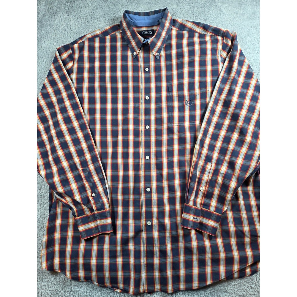 Chaps Button Down Shirt XL Navy Blue Red Plaid Mens Stretch Long Sleeve